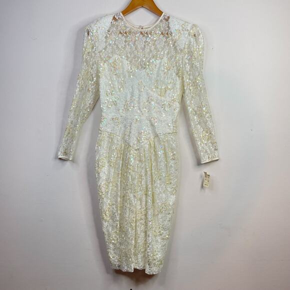 Vintage 80s 90s Marie St Claire Ivory Sequin Embroidered Lace Sheer Dress 8 new - Picture 1 of 14